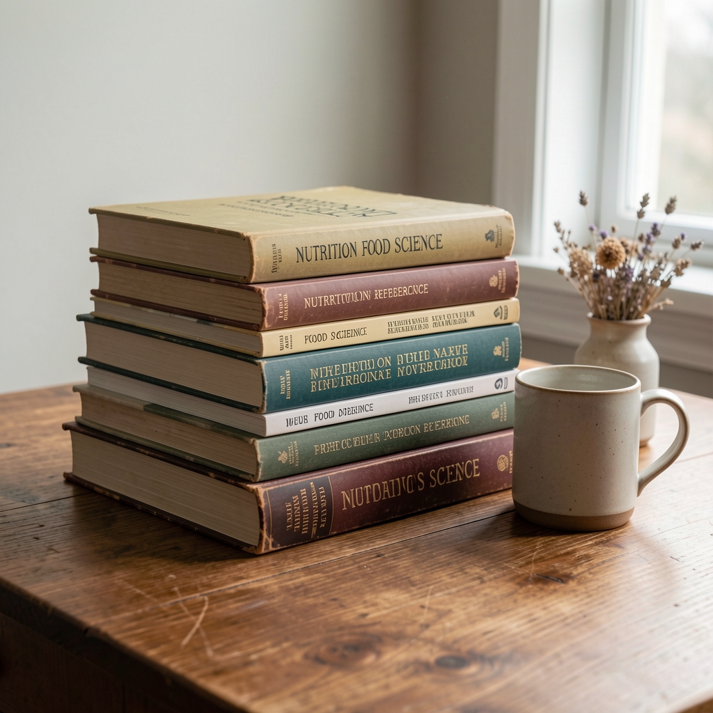 Stack of well-used nutrition and food science reference books on a wooden desk beside a ceramic mug and a small vase of dried herbs in diffused afternoon light