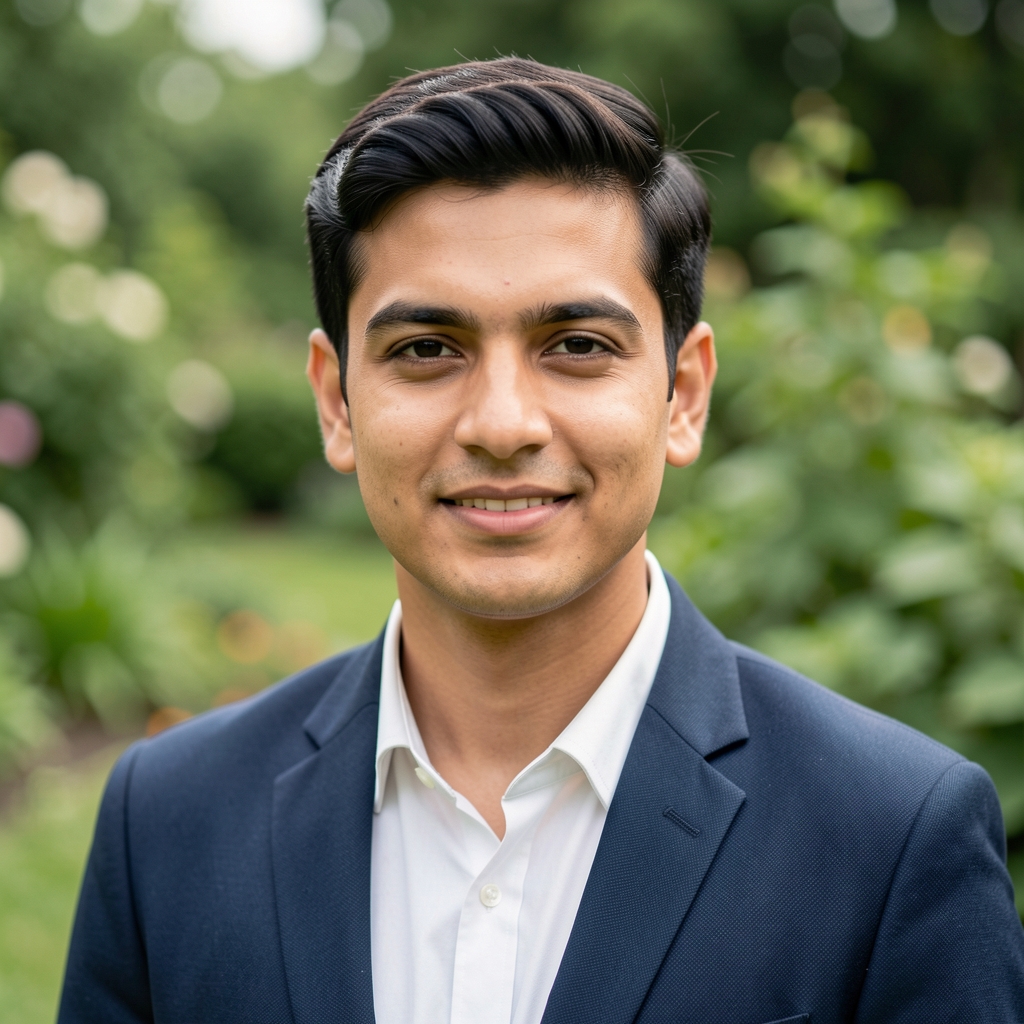 Professional editorial portrait of Jasper Caldwell, nutrition researcher contributor, photographed outdoors in diffused daylight with a blurred green garden background