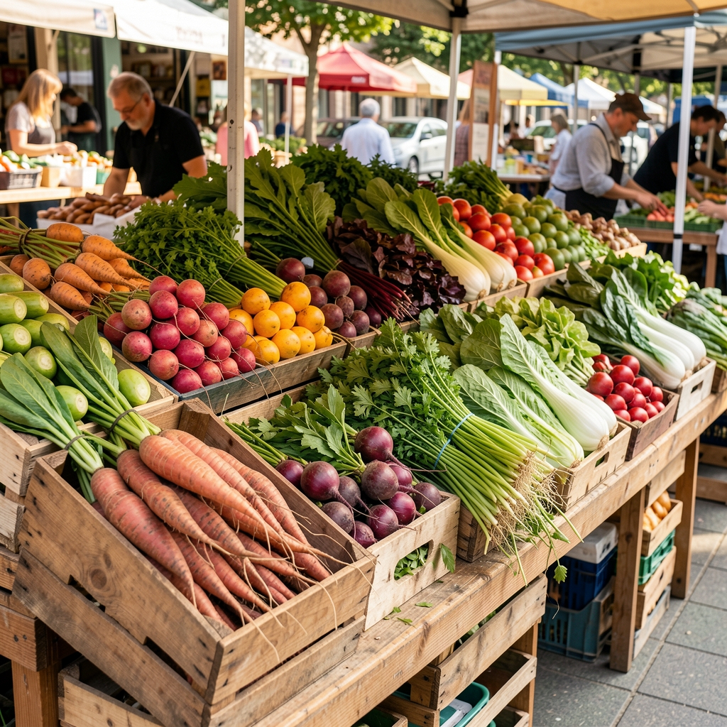 Vibrant market stall displaying colourful root vegetables and leafy greens arranged in wooden crates outdoors in natural daylight