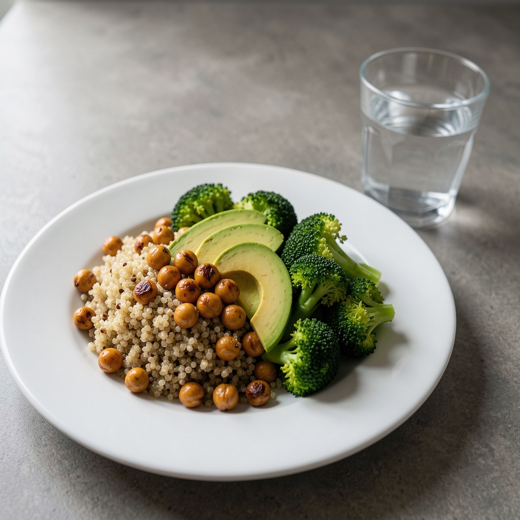Healthy post-workout meal spread with a grain bowl containing quinoa, roasted chickpeas, sliced avocado, and steamed broccoli on a simple white ceramic plate beside a glass of water