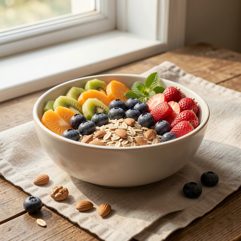 Seasonal breakfast bowl with fresh fruit, whole grains, and nuts arranged on a linen cloth with morning light from a window